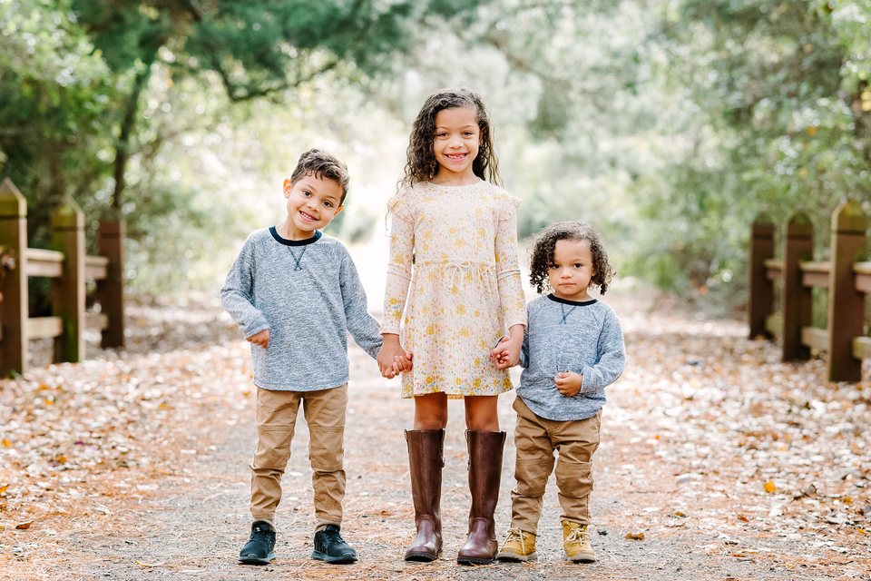 Three young children holding hands on a leafy wooded path between wooden fences