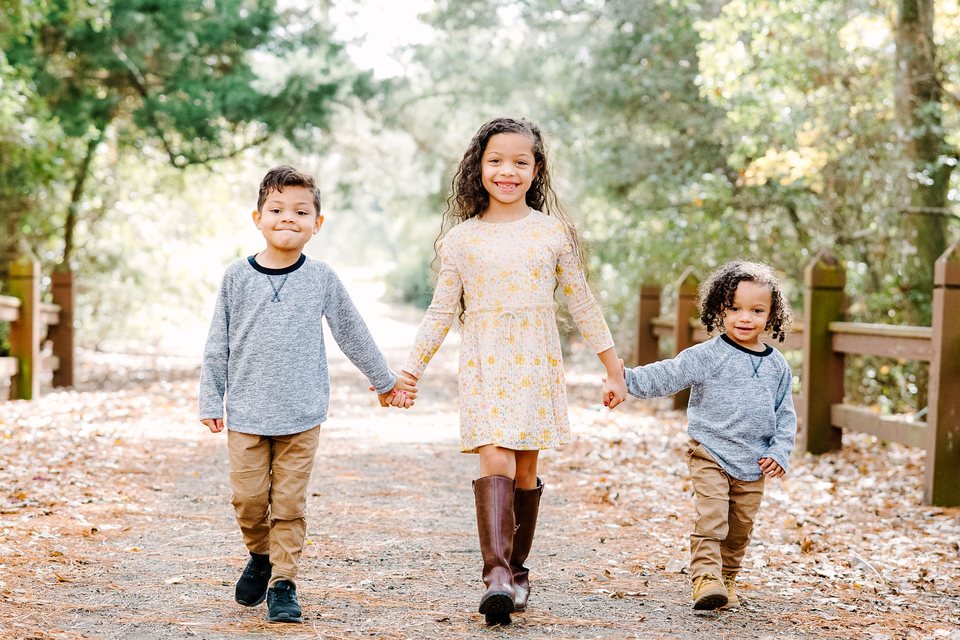 Three children walking hand in hand along a wooded path